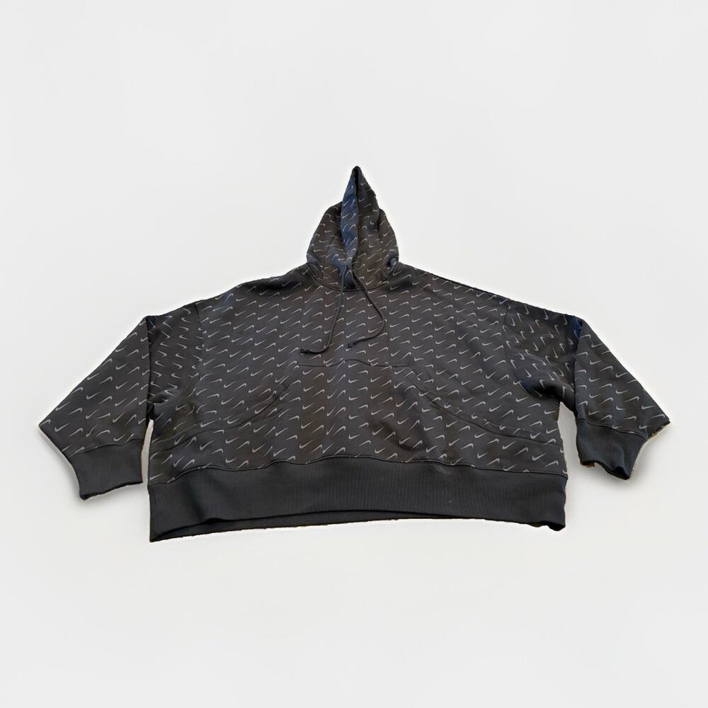 Nike Womens Black Sportswear All Over Swoosh Print Cropped Hooded Sweatshirt XL